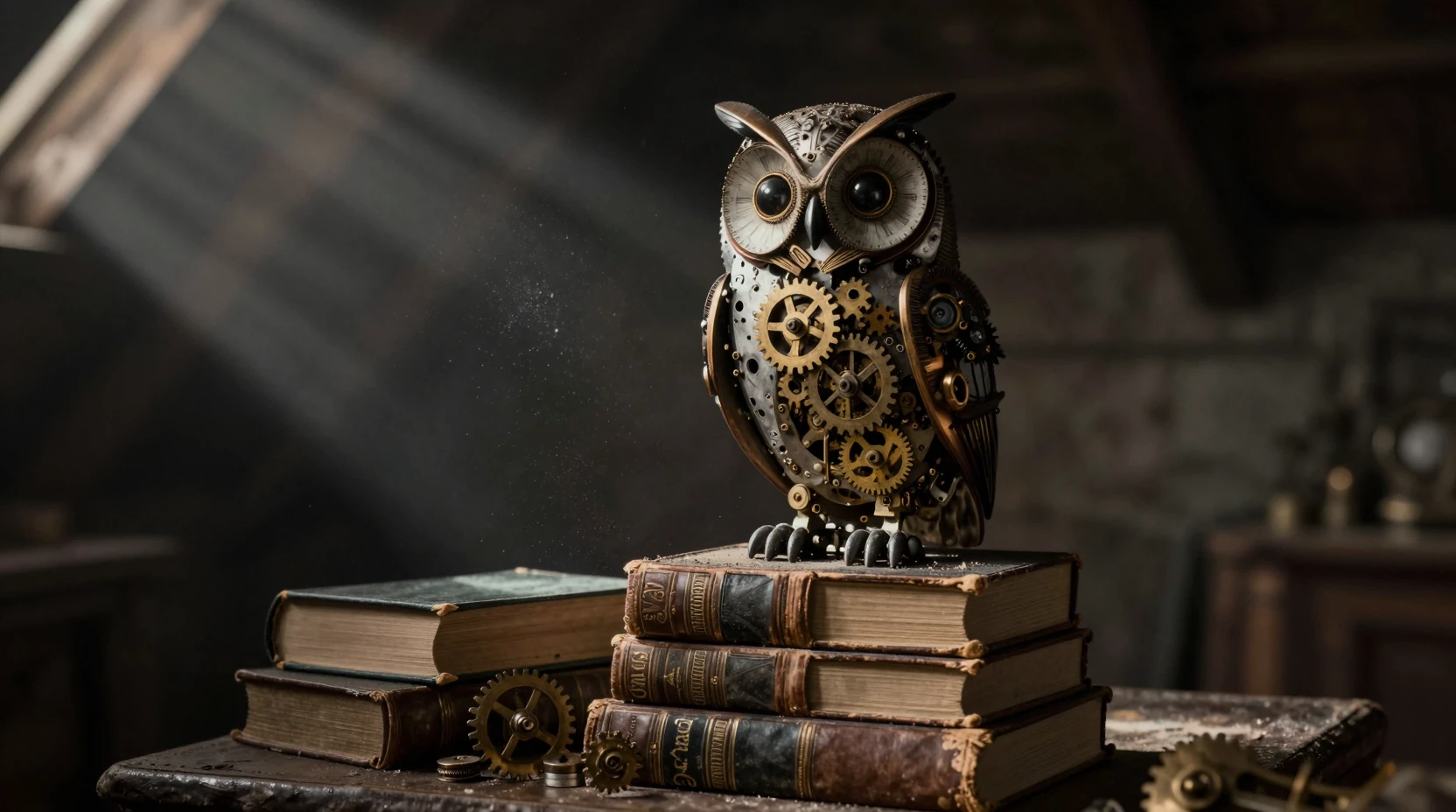Clockwork owl on antique books in a shadowy attic