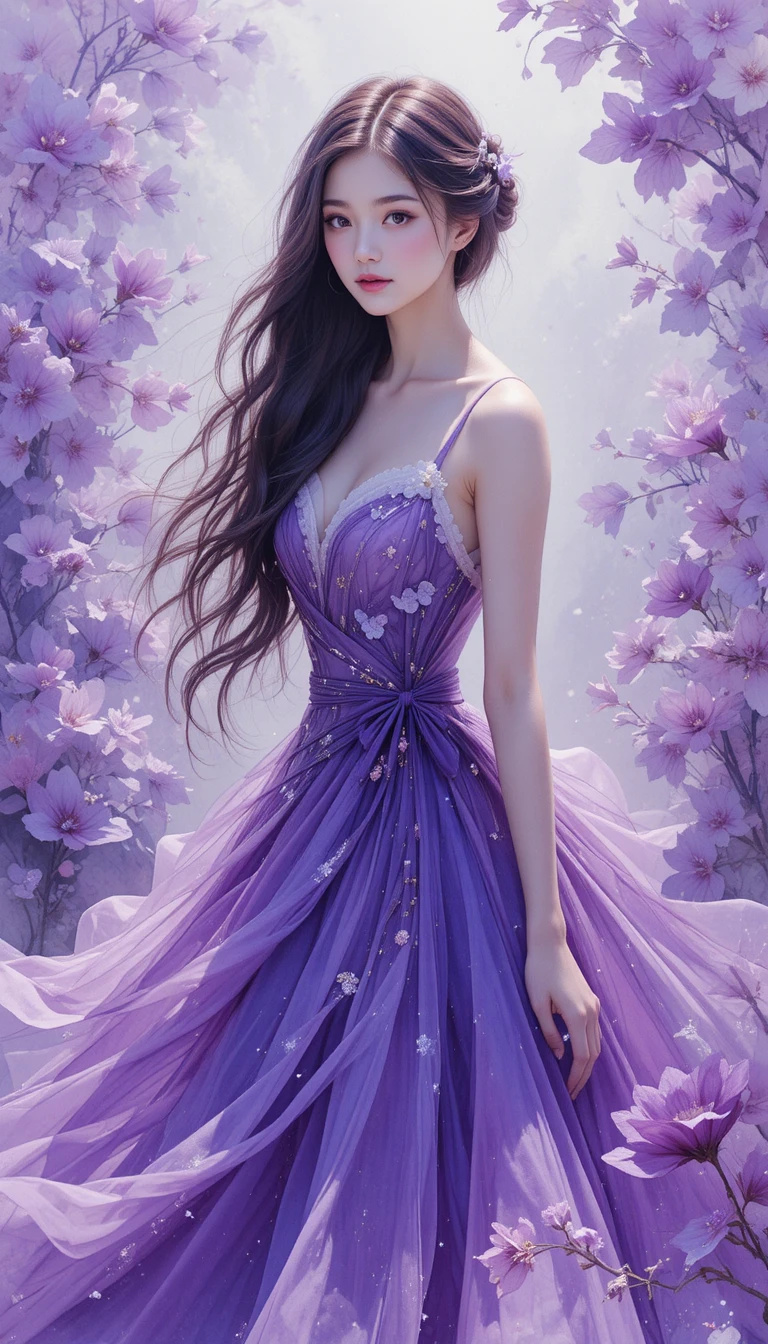 Aquarellporträt einer gelassenen Frau im violetten Kleid