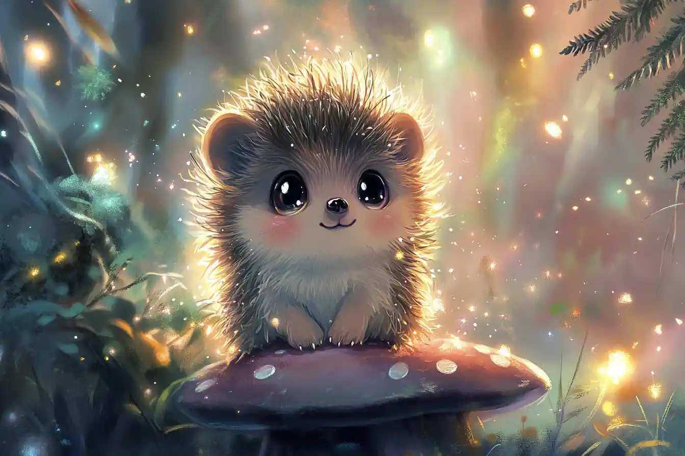 Cute baby hedgehog on a mushroom throne in firefly glow