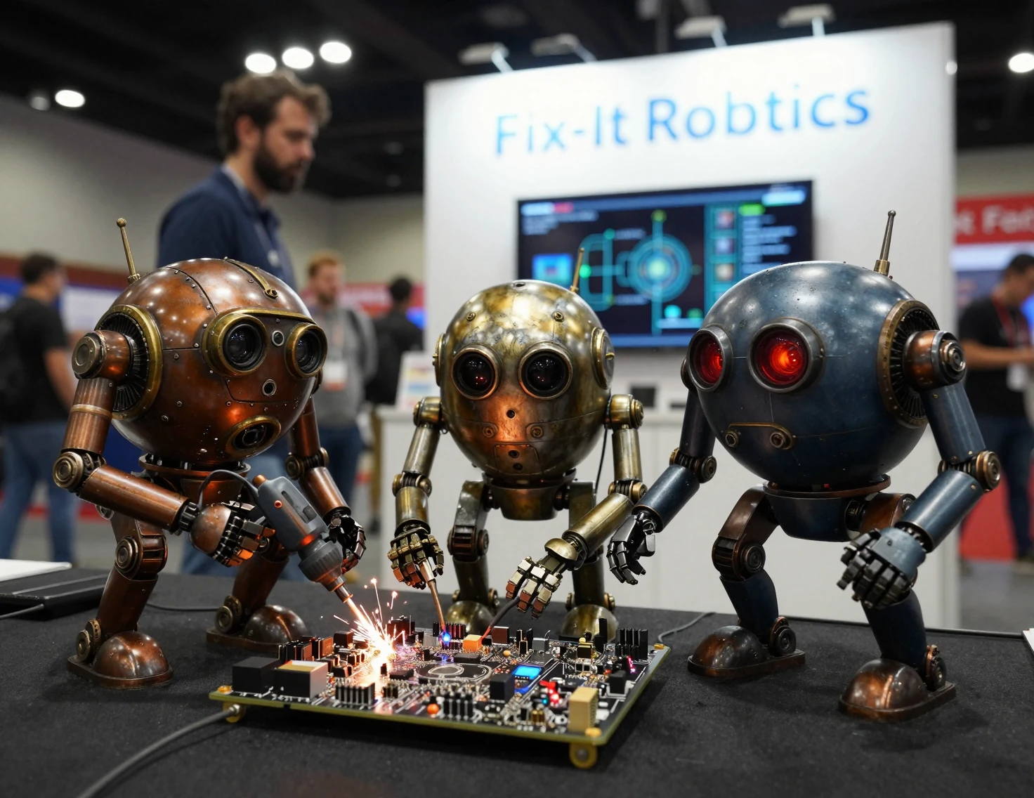 Robots steampunk reparando una placa de circuito luminosa en una convención