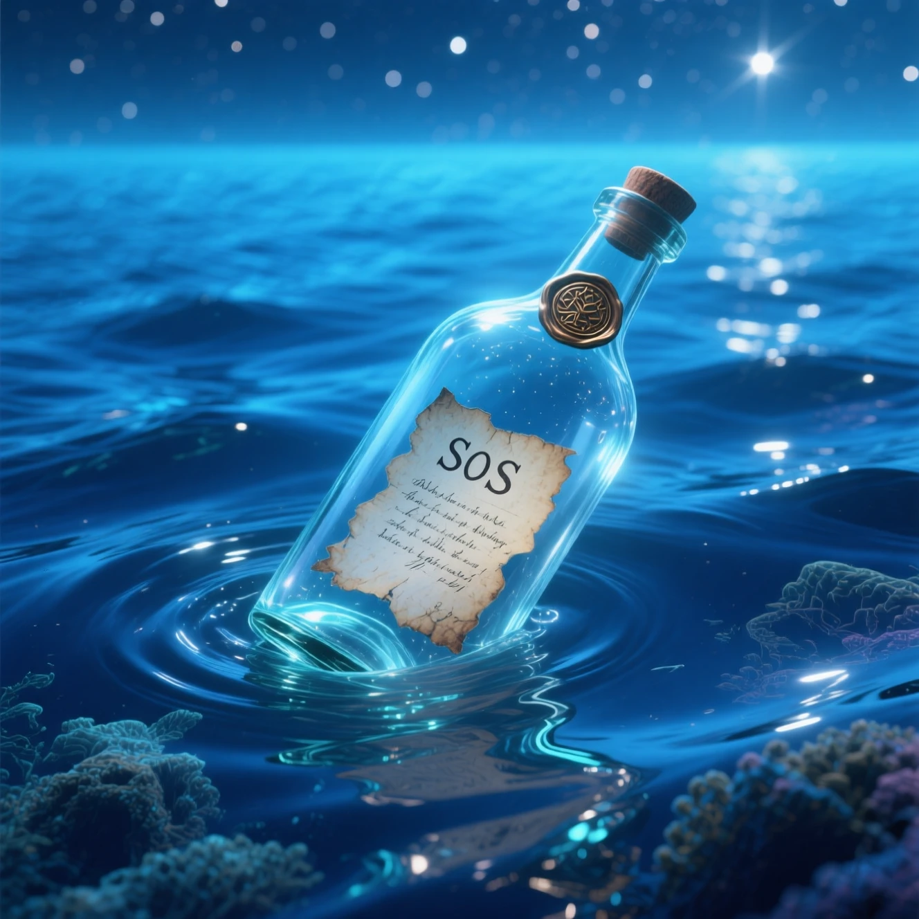 Glimmering message bottle floating on an enchanted starlit sea