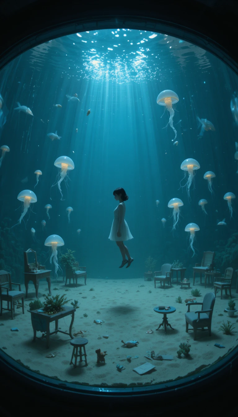 Anime girl floating in a surreal aquarium dreamscape