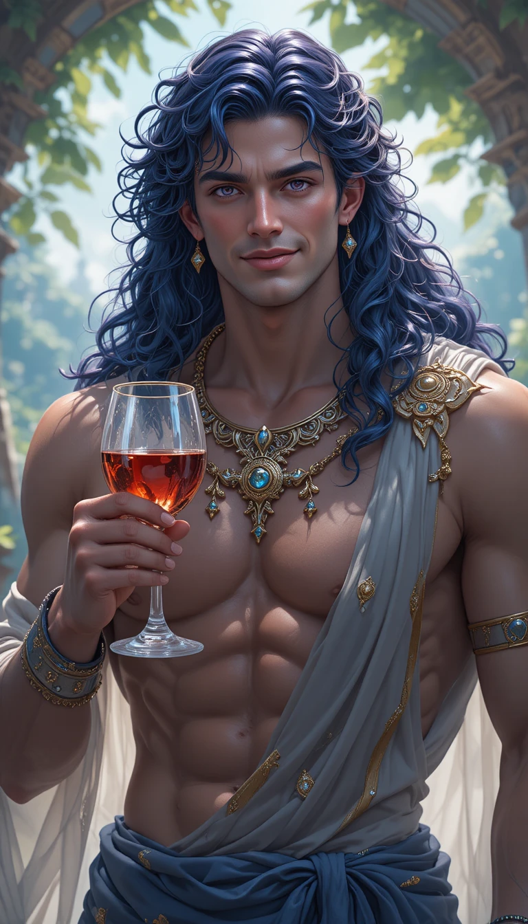 Handsome dark skinned man holding wine in nature
