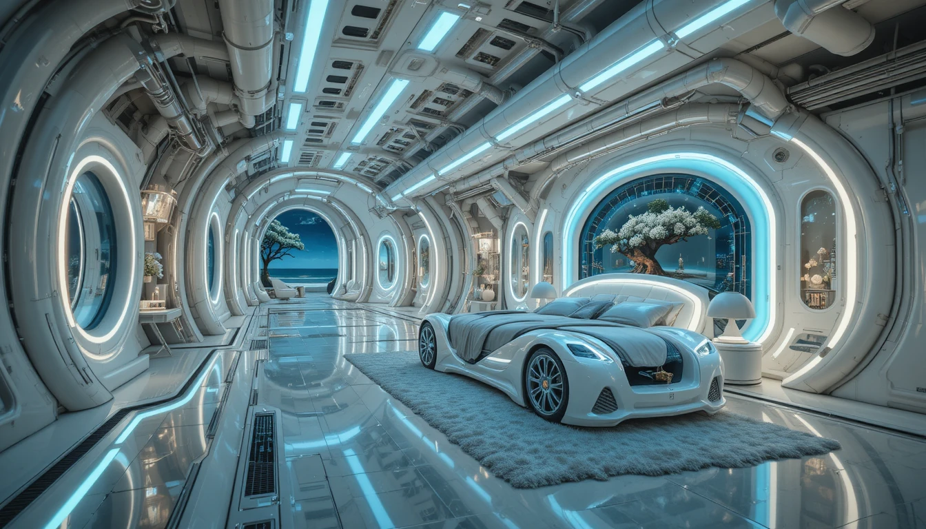 Luxuriöses Wohnzimmer in einem futuristischen Industrie-Korridor