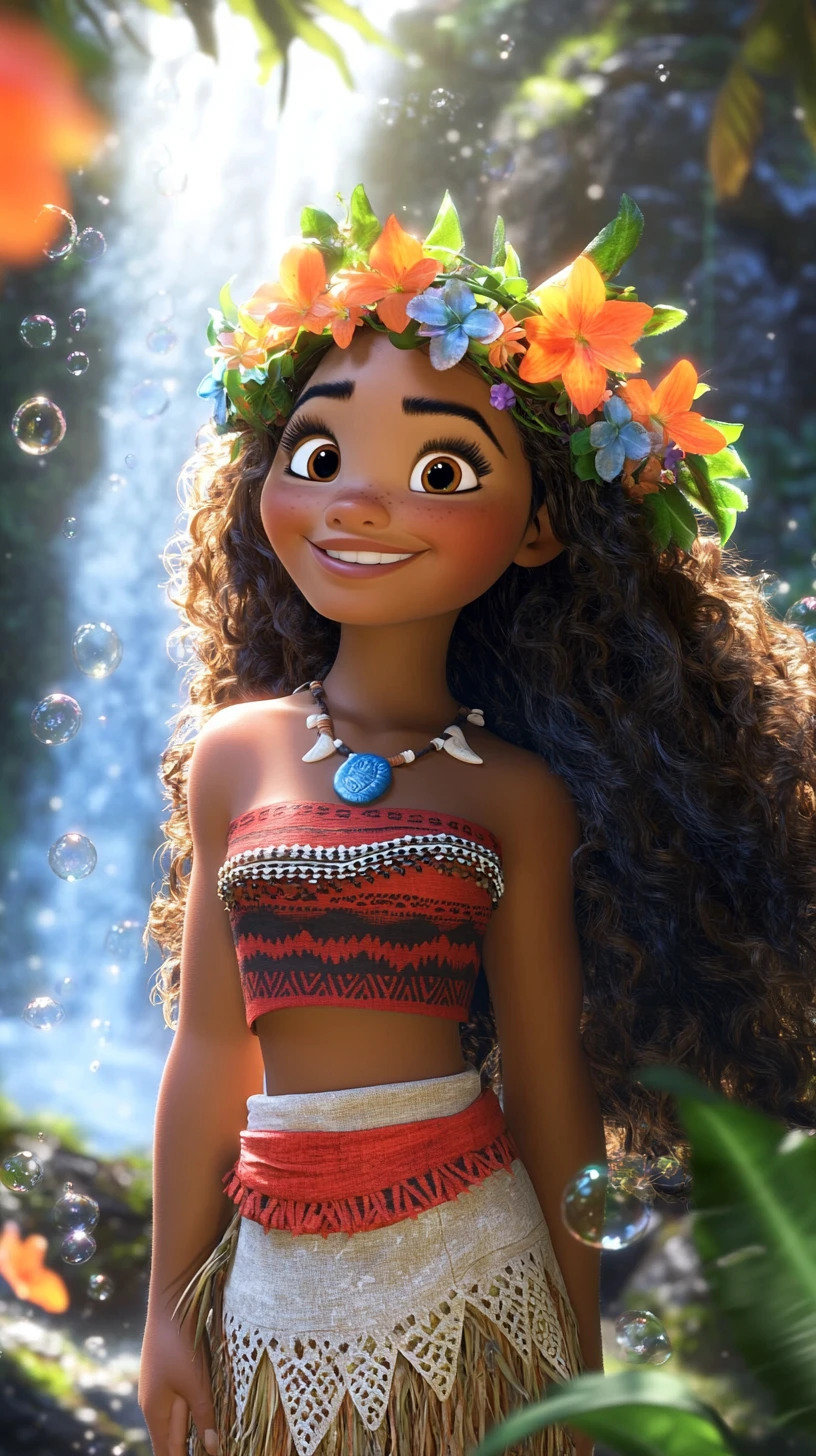 Jeune insulaire souriante devant une cascade lumineuse