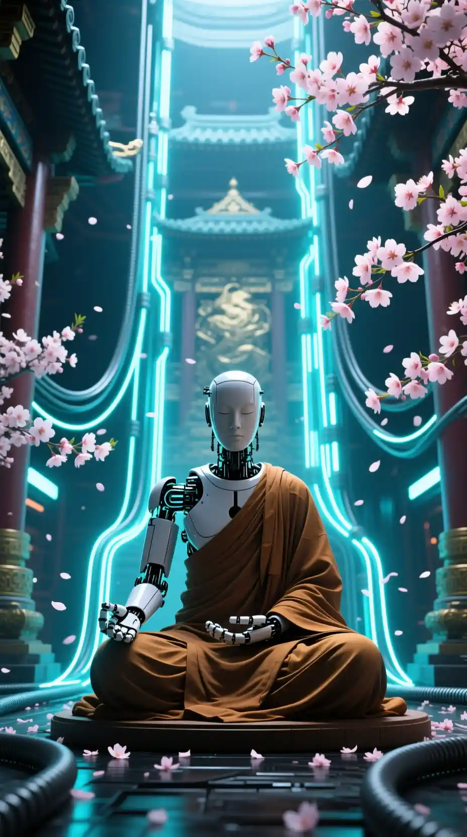 Robotic monk meditating in a futuristic temple interior