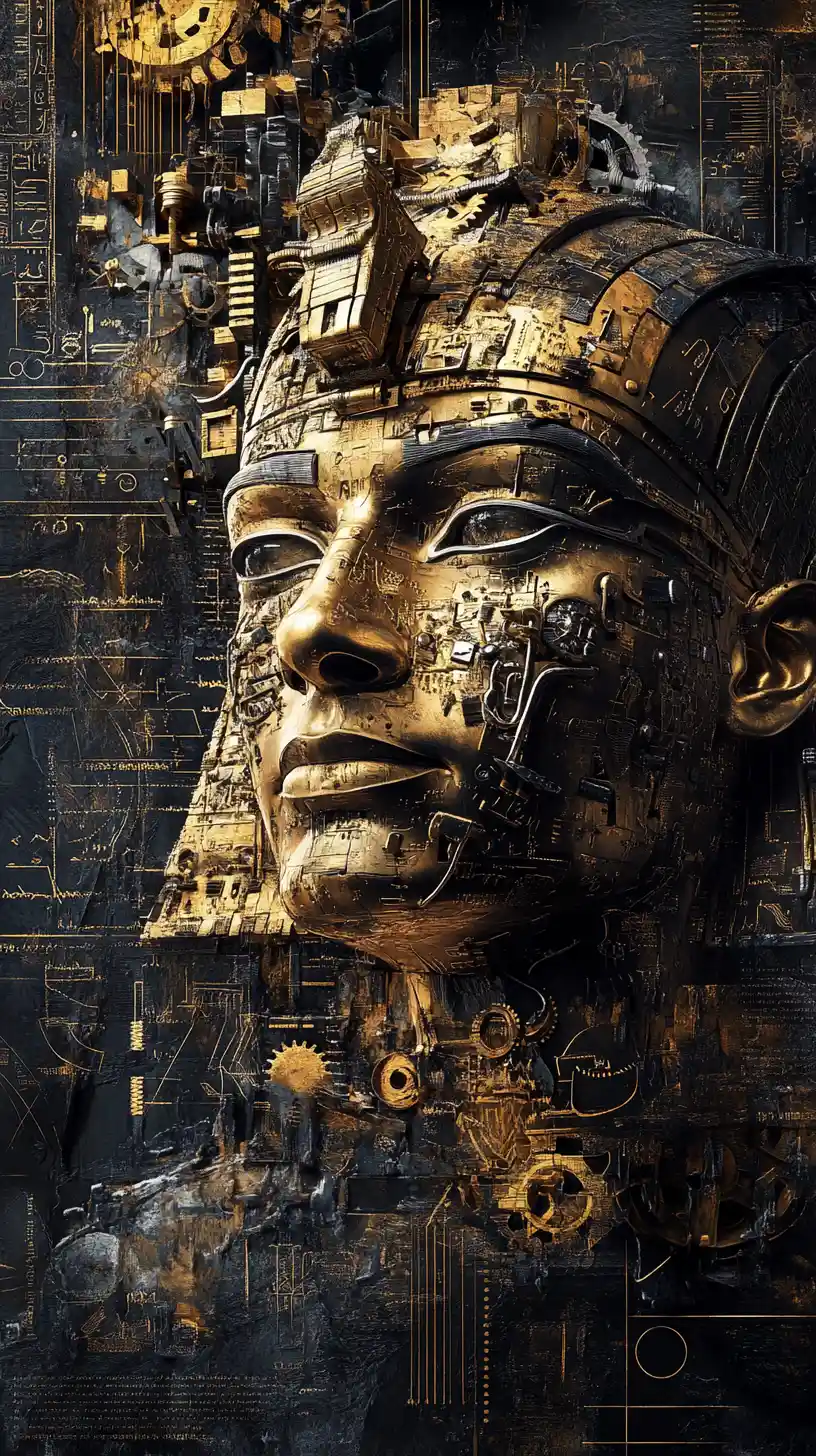 古代ファラオの肖像と機械仕掛けのスチームパンク技術の融合