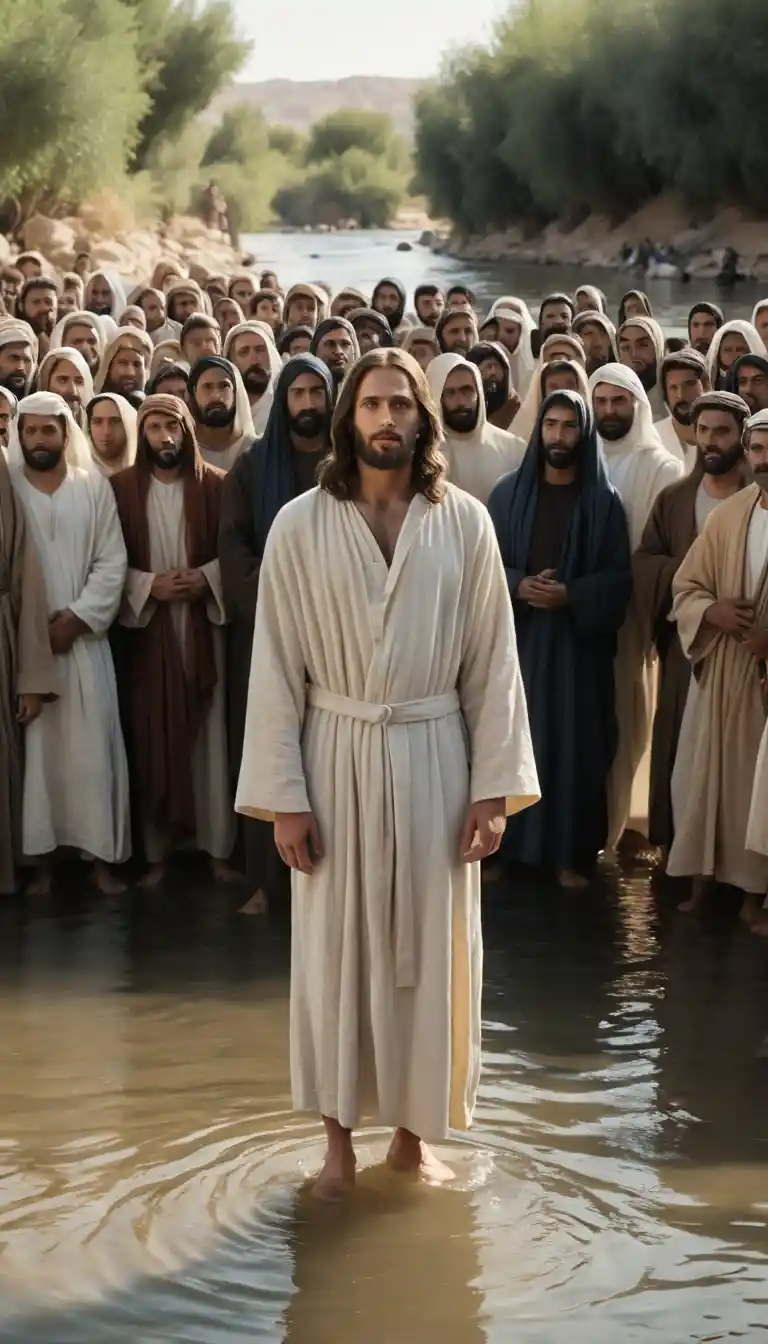 Jesus among people by the Jordan River in soft natural light
