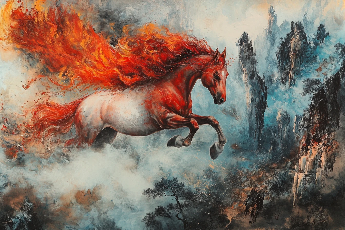 Cavalo fantástico voando sobre paisagem etérea de montanhas chinesas