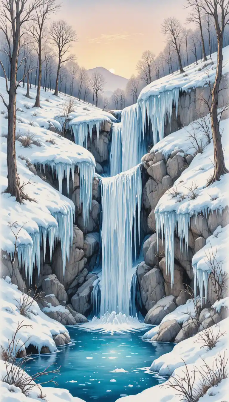 Watercolor winter waterfall and frozen forest at sunset