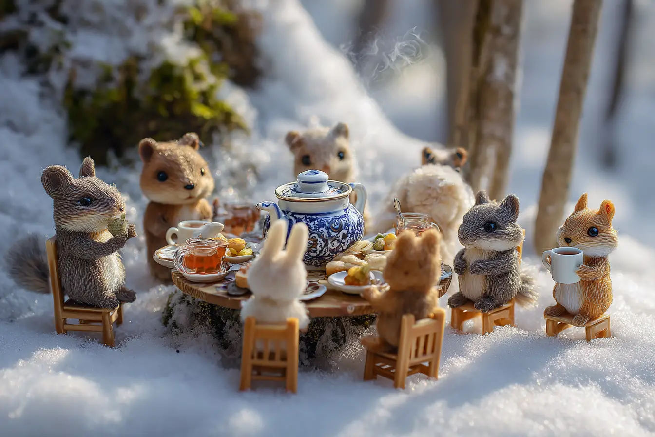 迷你森林動物在雪中精靈餐桌上享用盛宴