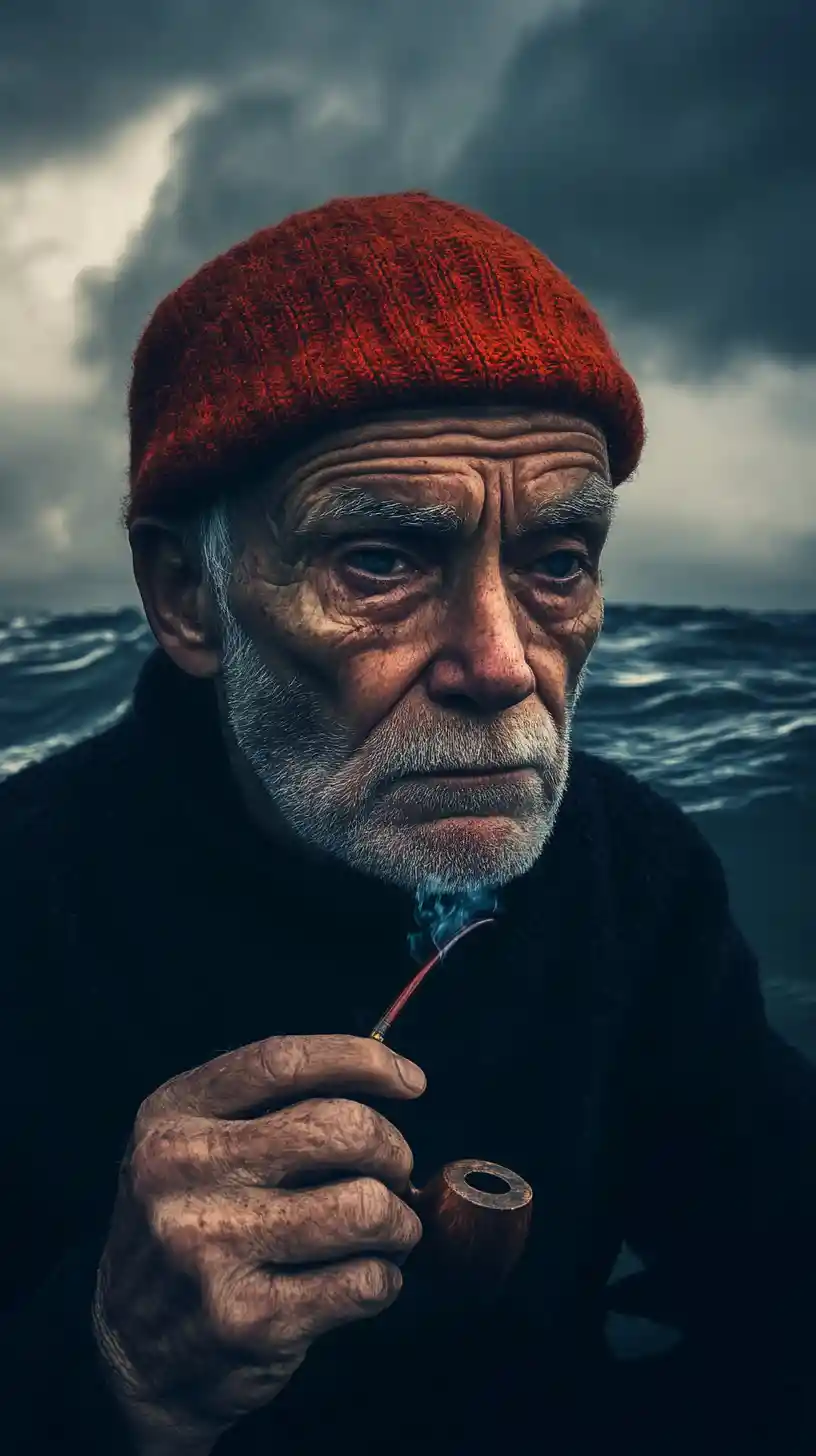 Vieux pêcheur à casquette rouge au bord de la mer en tempête à l’aube