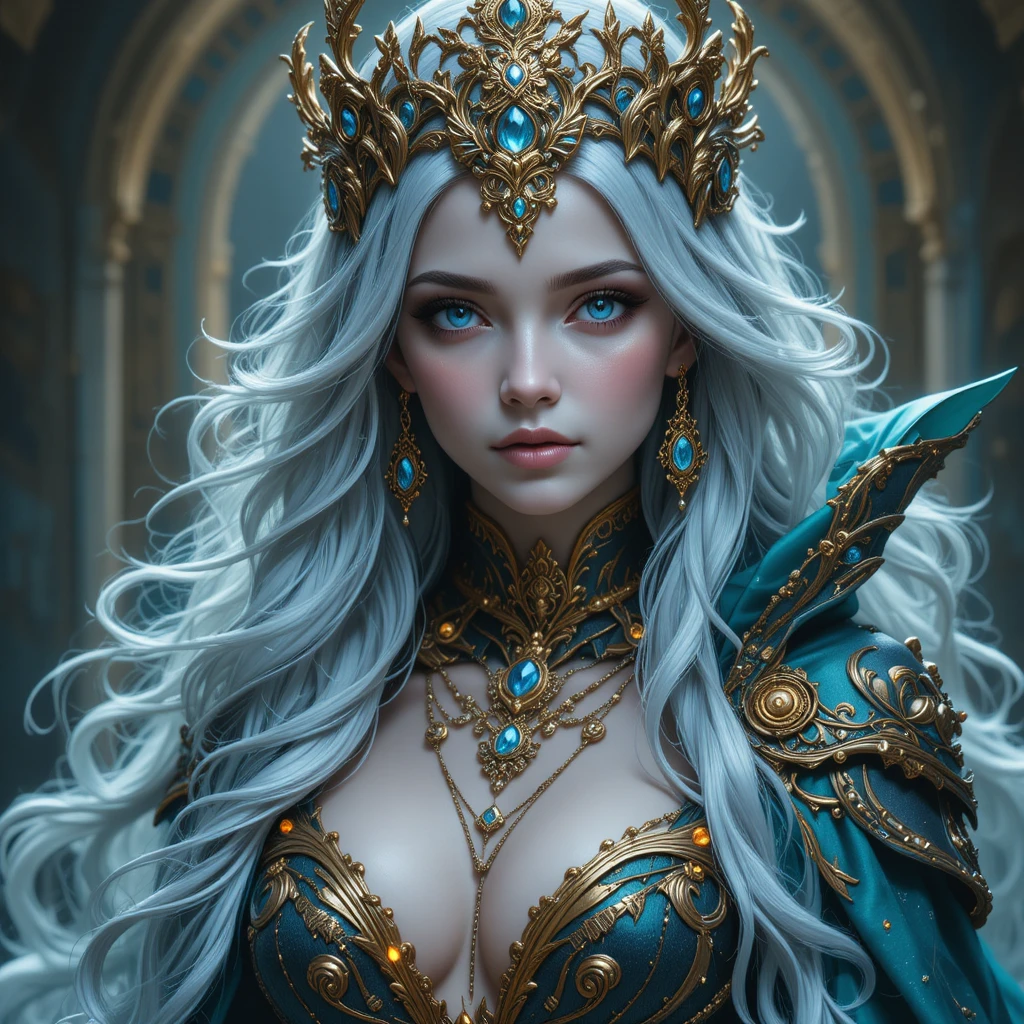 Mystical silver haired queen in jeweled celestial crown