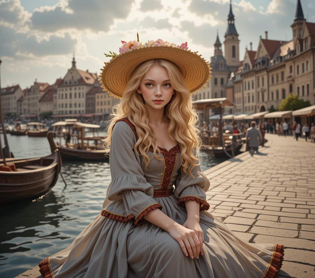 Jovem menina em um píer medieval sob a luz quente do verão