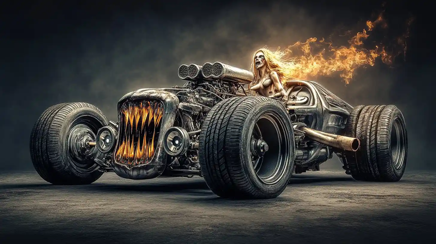 Possessed V8 engine with demonic driver and flaming exhaust