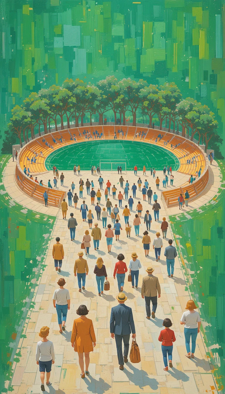 Colorful crowd walking toward a distant stadium from above