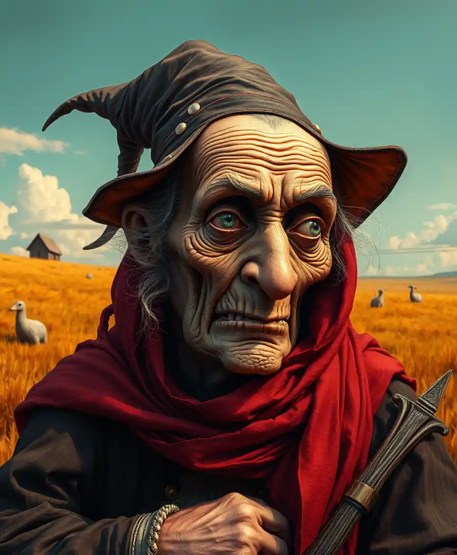 Ritratto surreale di una vecchia strega in uno stile fantasy giocoso
