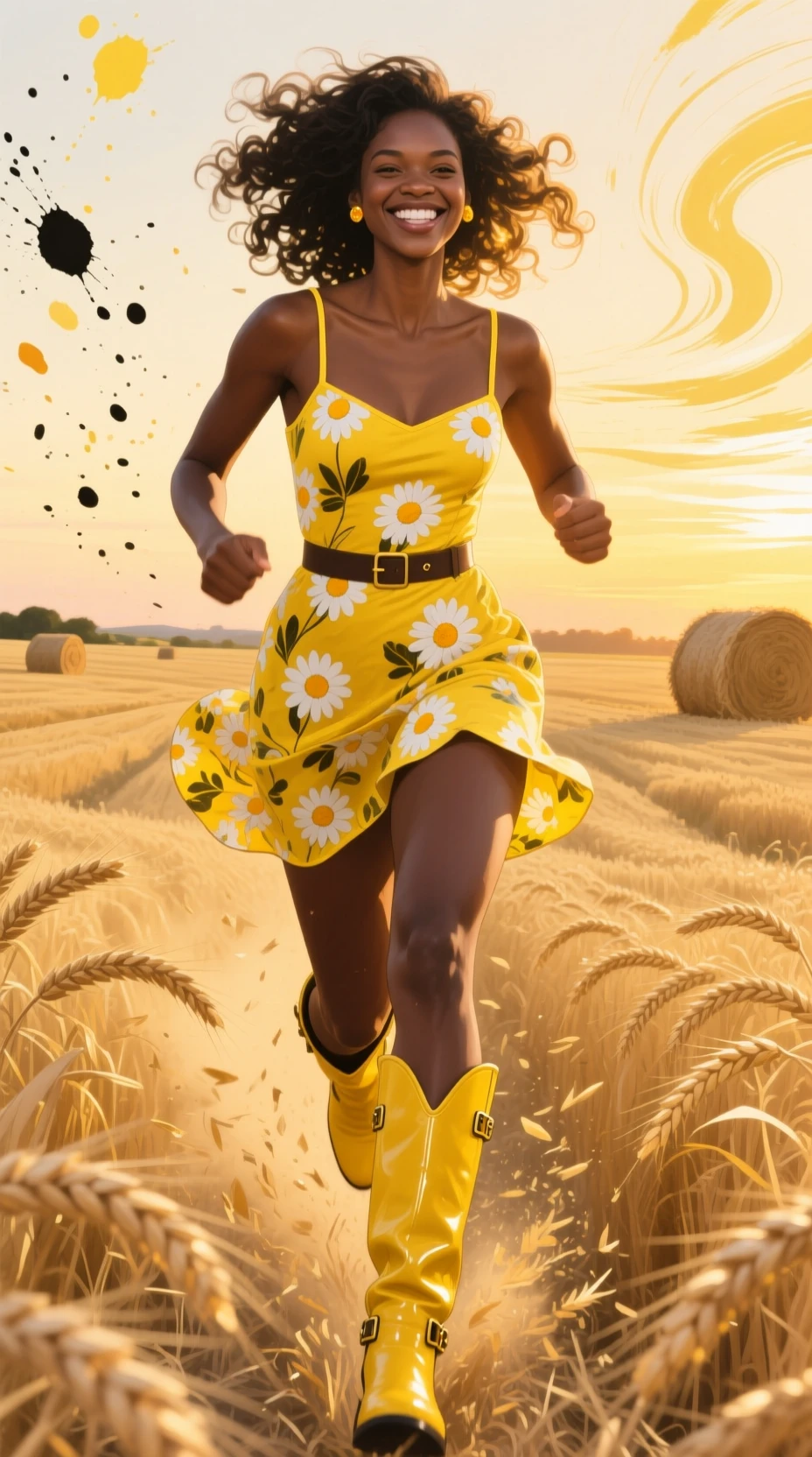 Young woman running through golden wheat at sunset