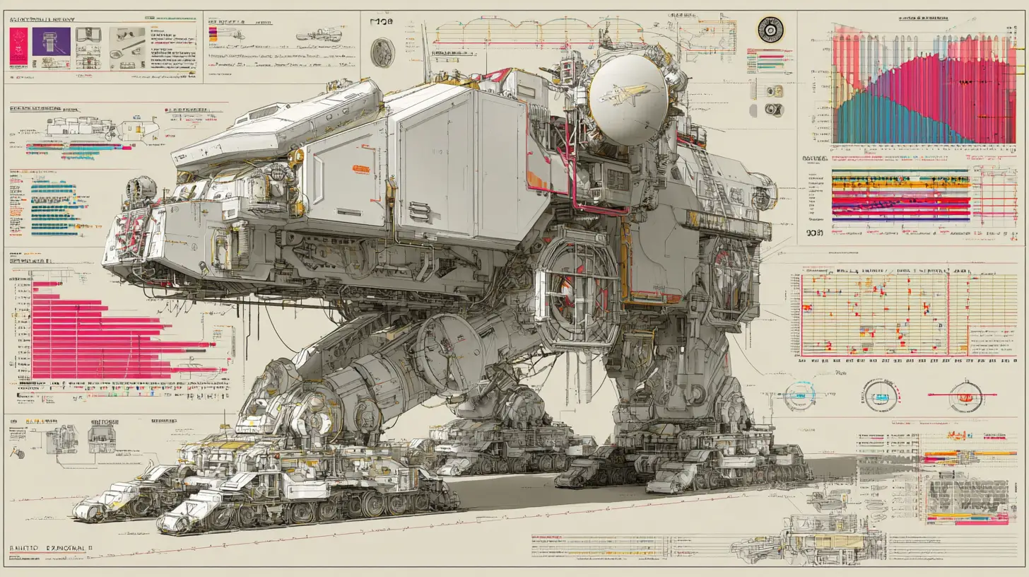Diagrama de caminante mecha futurista con sistemas de guerra urbana