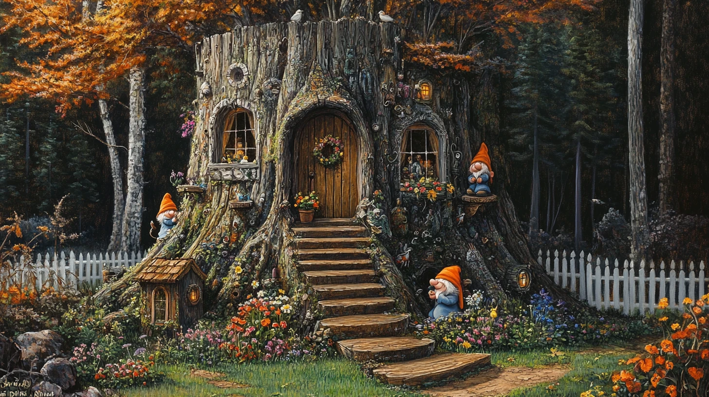 Dipinto rinascimentale di una casa di gnomo in un enorme ceppo nella foresta