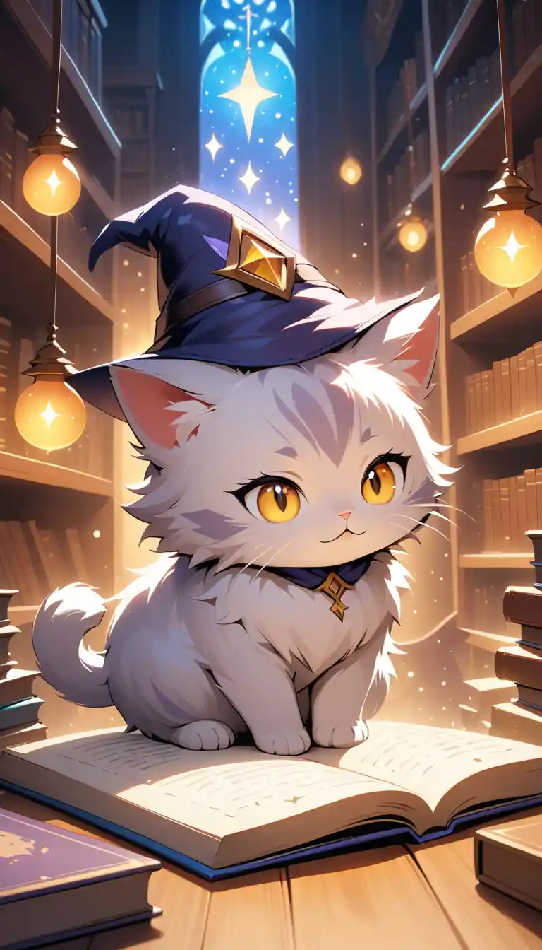 Piccolo gattino mago su un antico libro di incantesimi luminoso