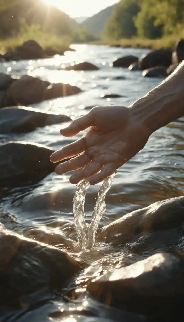 Primo piano di mani in un fiume che scorre con calda luce solare