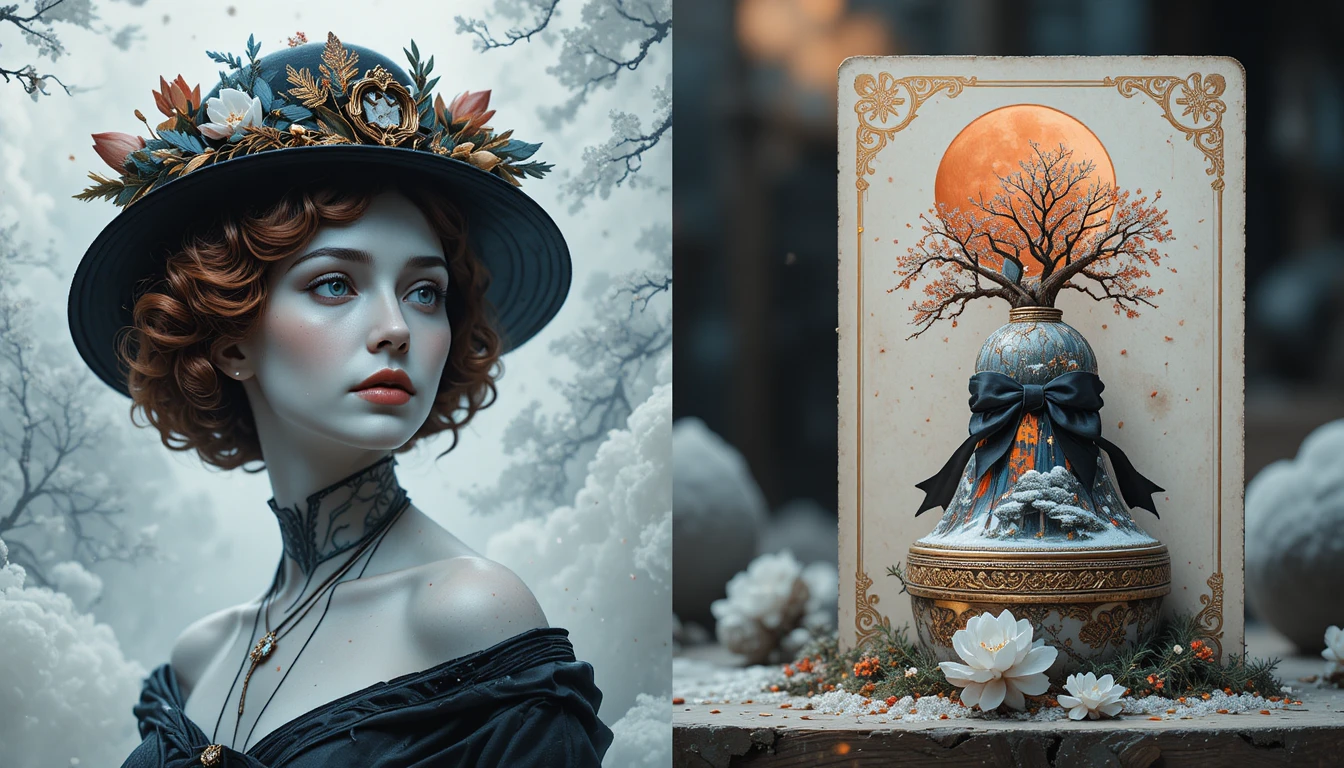 Elegant woman in hat with abstract blue flowing lines
