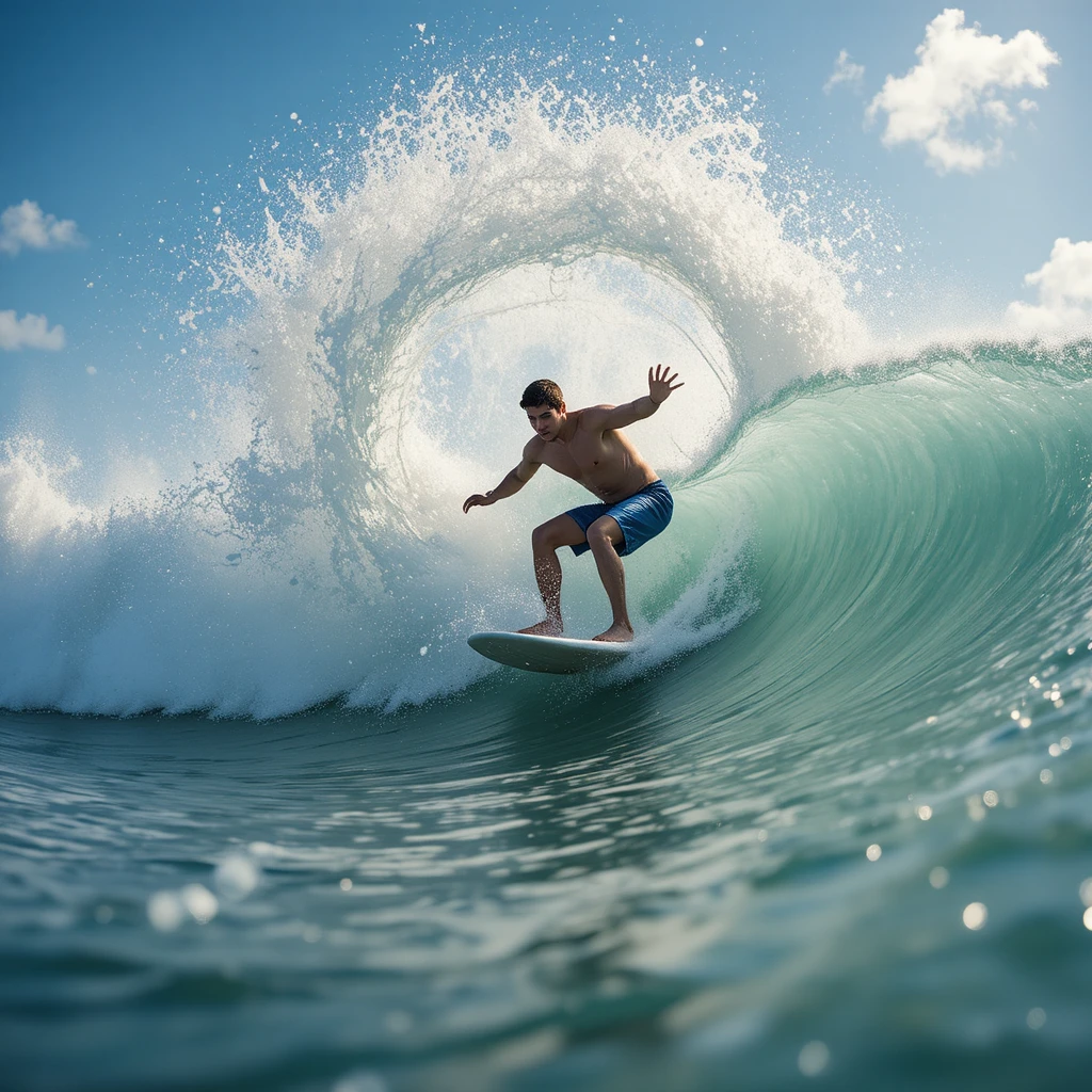 Surfeur taillant une vague avec des éclaboussures d’eau vers le spectateur