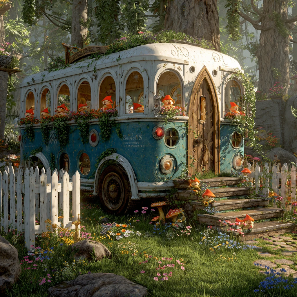 Whimsical forest school bus transformed into a cozy gnome home