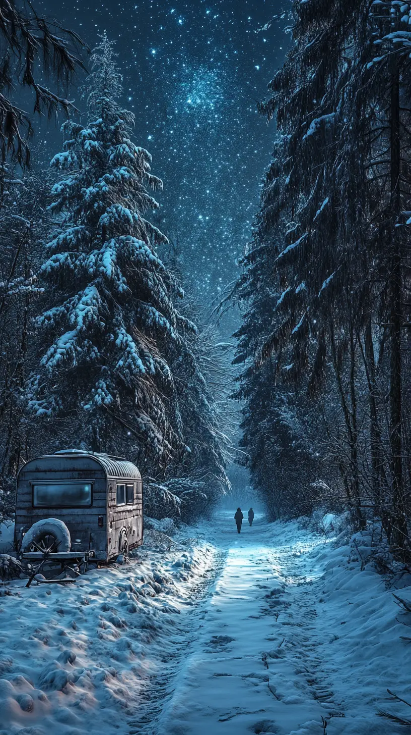 달빛이 비추는 눈 덮인 숲길과 저 멀리 걷는 사람들