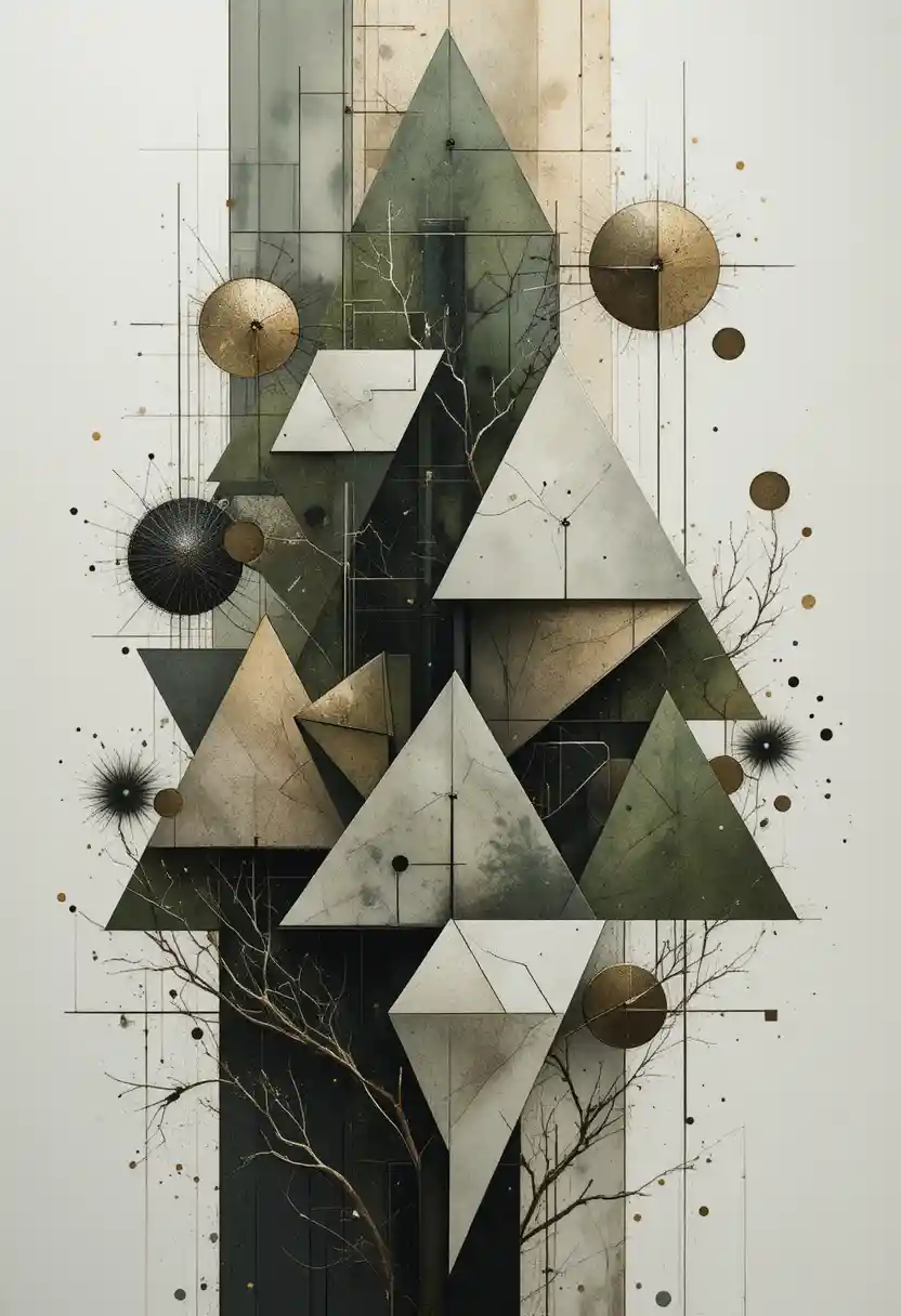 Abstrakte geometrische Kunst mit Dreiecken und Kreisen in Grüntönen
