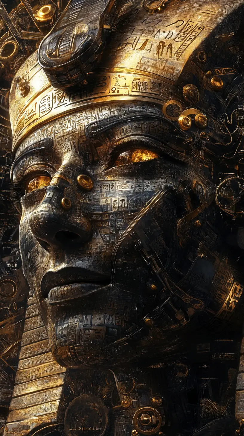 Ancient egyptian pharaoh merged with intricate steampunk machinery