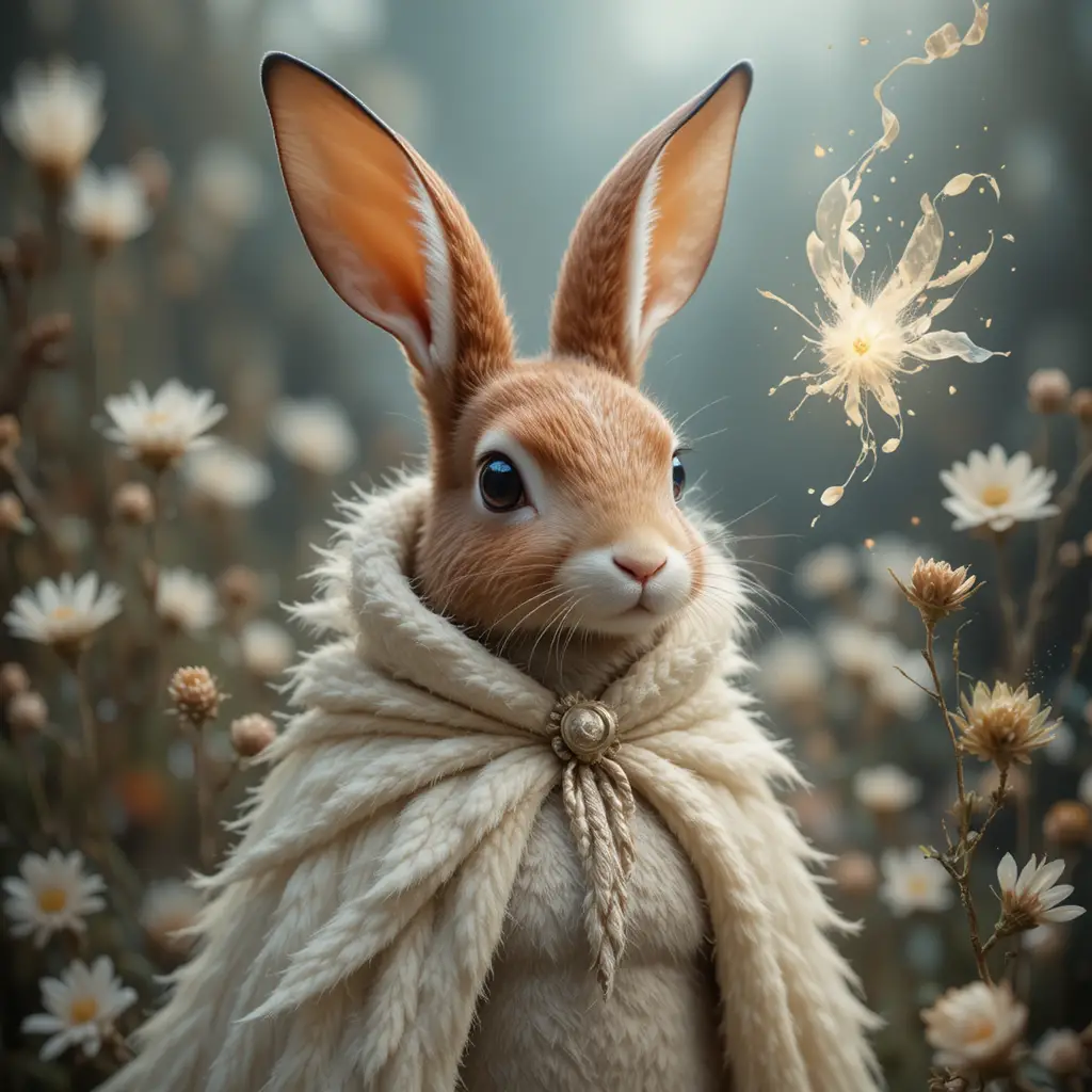 Winged felt rabbit casting sparks among giant mushrooms