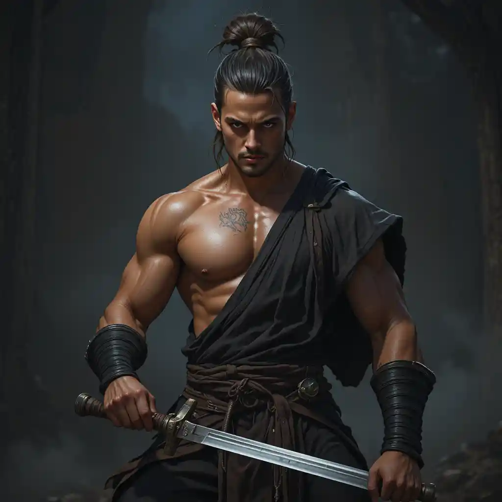 Dark fantasy monk martial artist with tanned athletic body