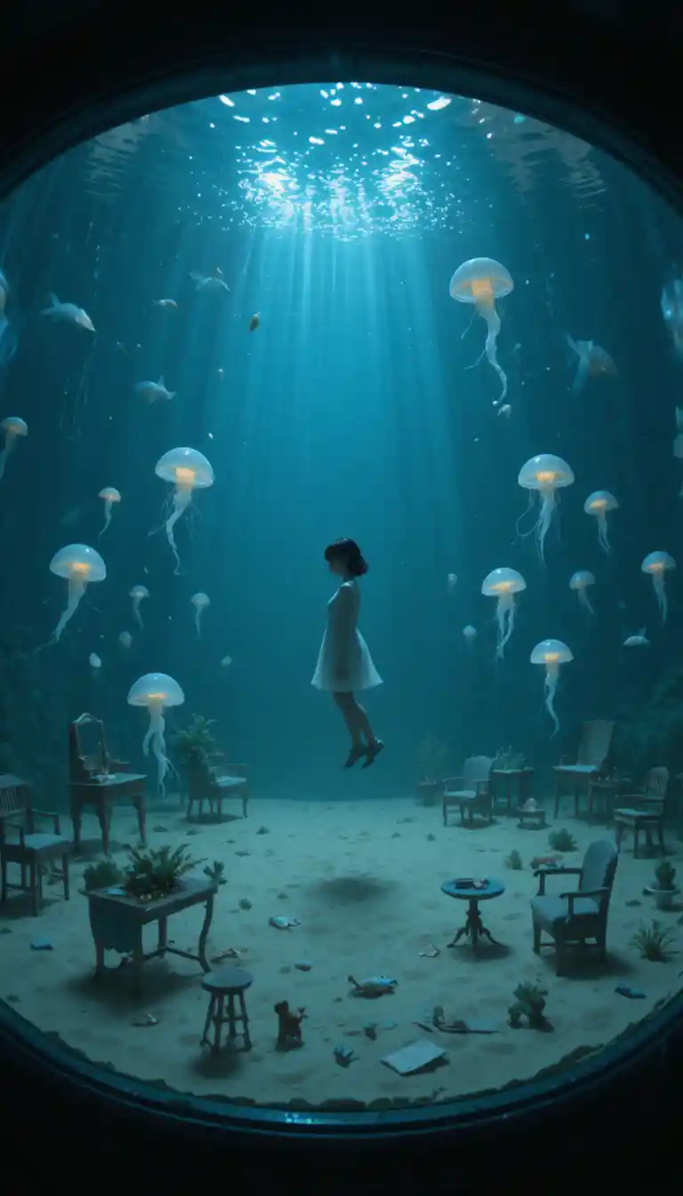 Anime girl floating in a surreal aquarium dreamscape
