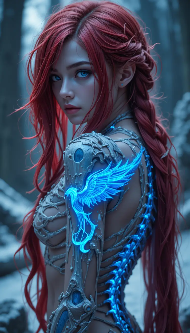 Dark fantasy elf warrior with glowing frost fire ribcage