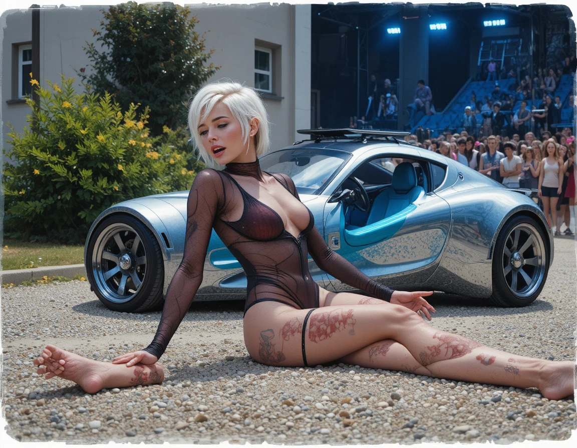 Carro prateado futurista estacionado em cascalho ao lado de um prédio