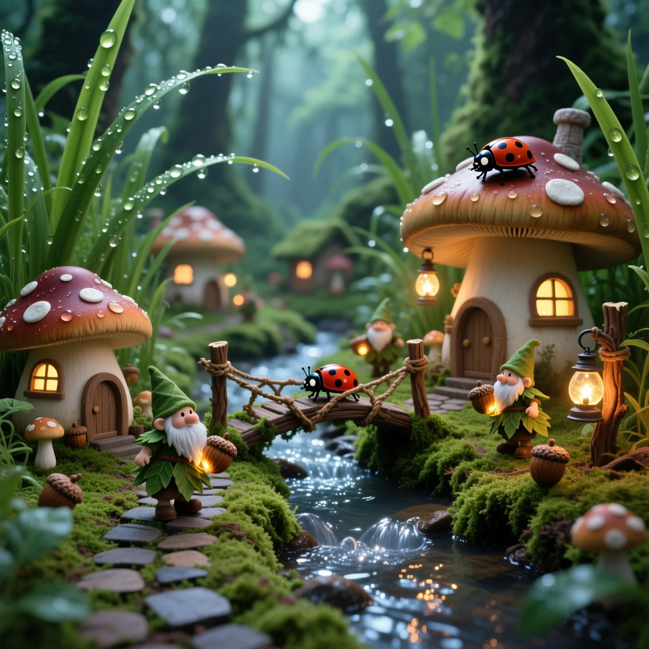 Minuscule village de champignons peuplé de gnomes et de glands lumineux