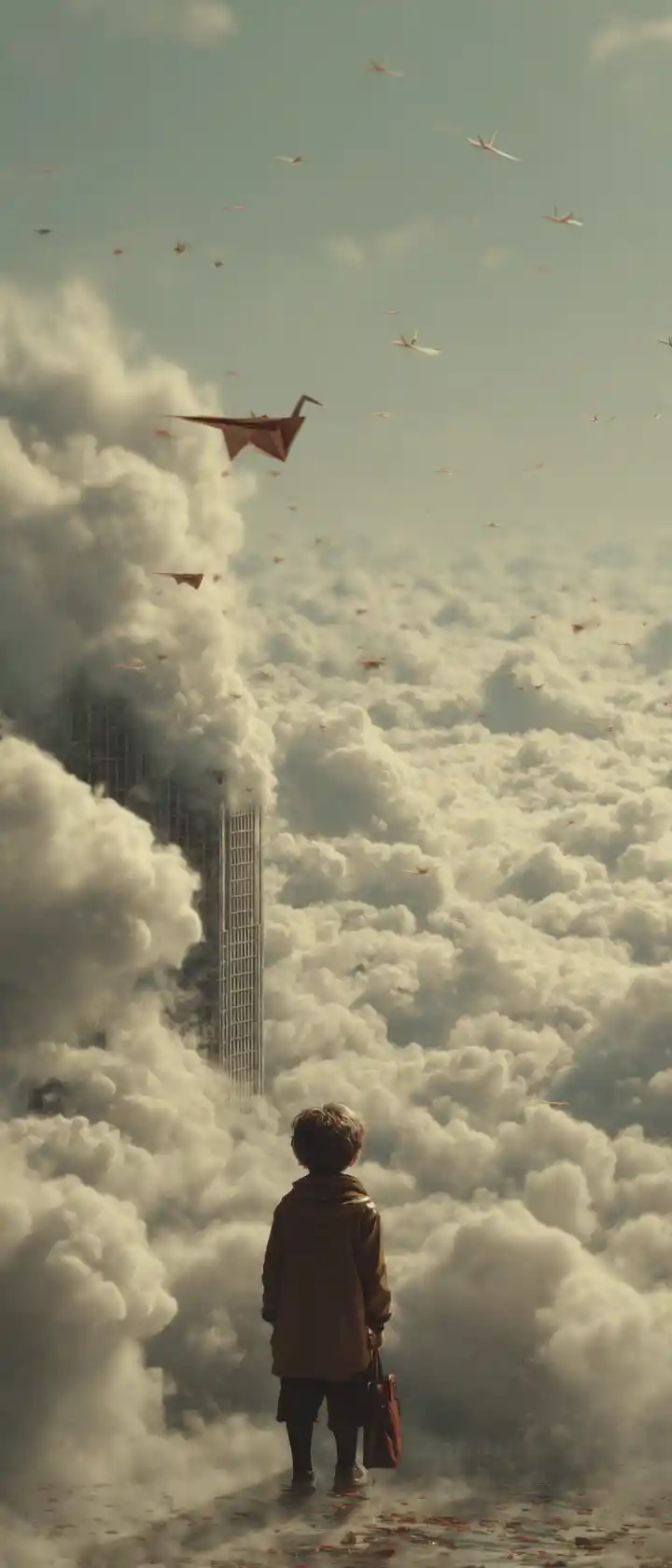 Origami-Kranich stürzt von einem Wolkenkratzer in dichte Wolken