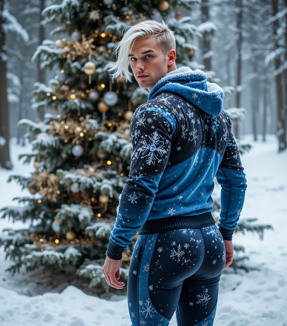 Adolescente loiro caminhando na neve profunda ao lado da árvore de Natal