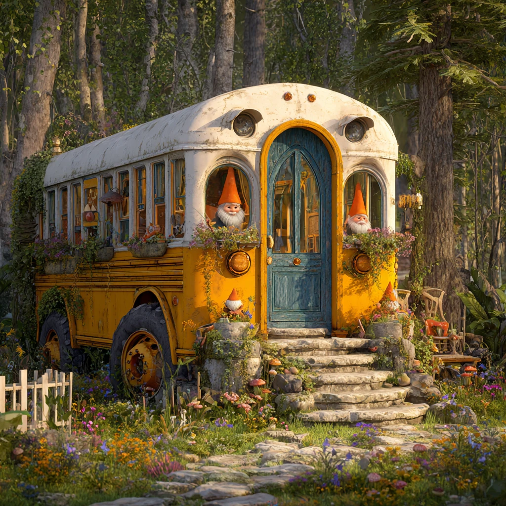 Charmante maison de gnome dans un vieux bus scolaire en forêt