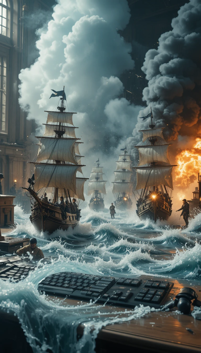 Pirate Ships Battle Across A Flooded Office Desk Scene