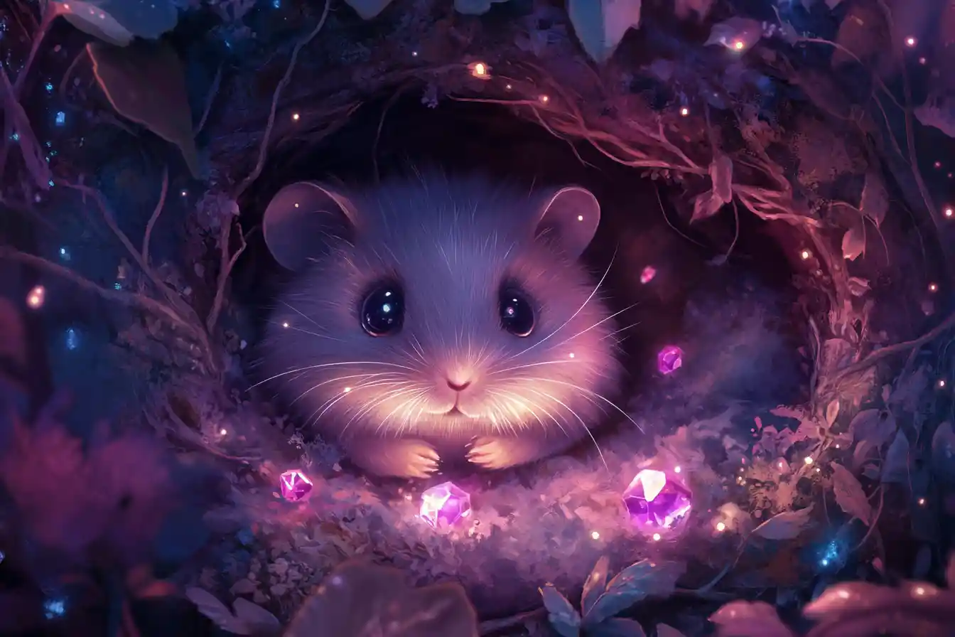 Tiny baby hamster in a magical cozy burrow