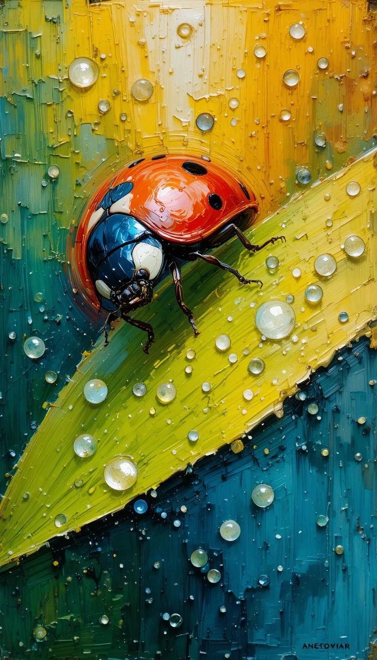 Vivace pittura a impasto di una coccinella su foglia verde