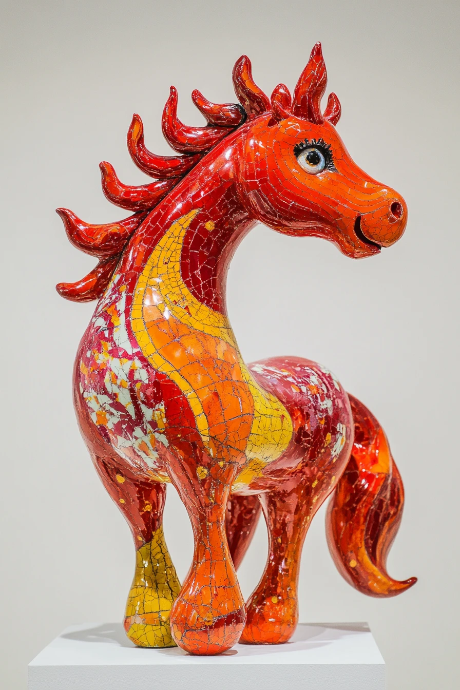 Sculpture de cheval rouge flamboyant frappant le sol sur fond hivernal