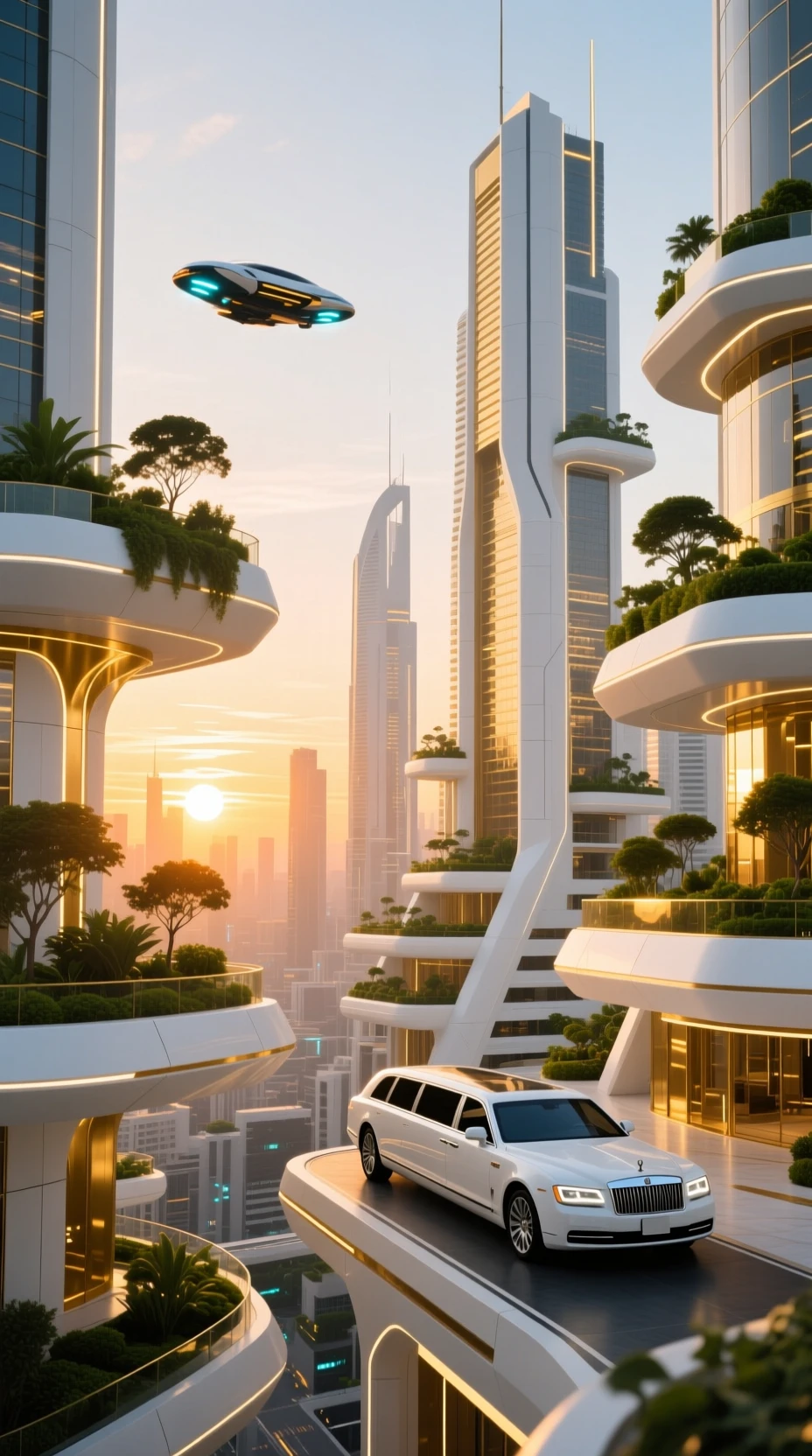 Luxuosas torres futuristas com jardins flutuantes ao pôr do sol