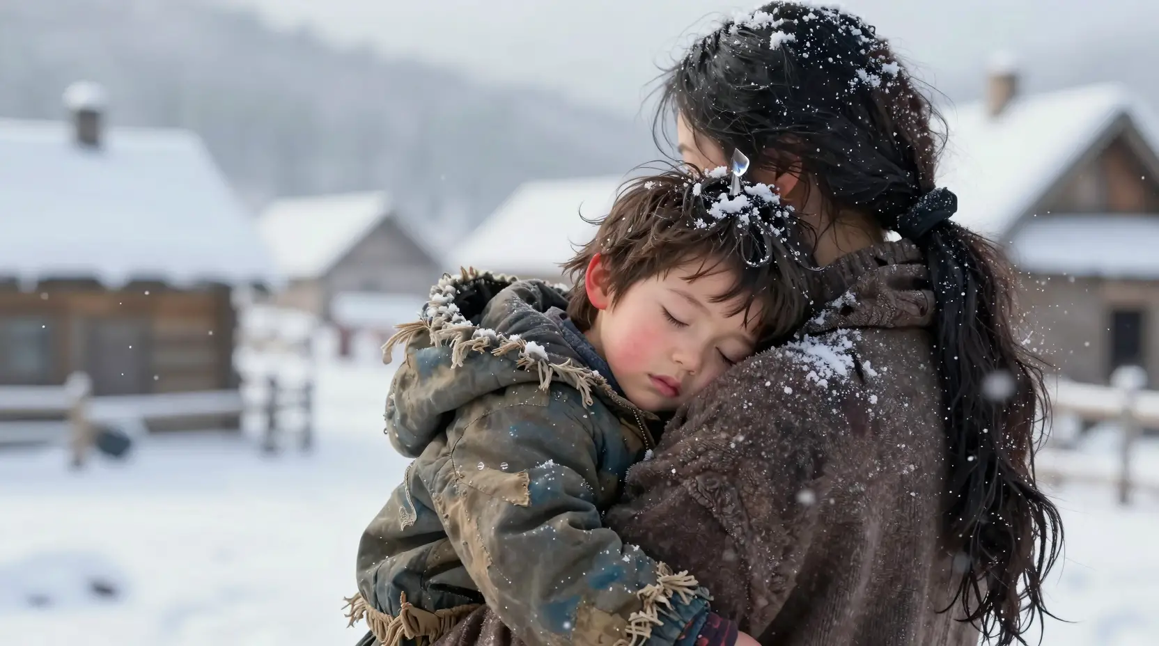 Mother cradling her sleeping child in a snowy village