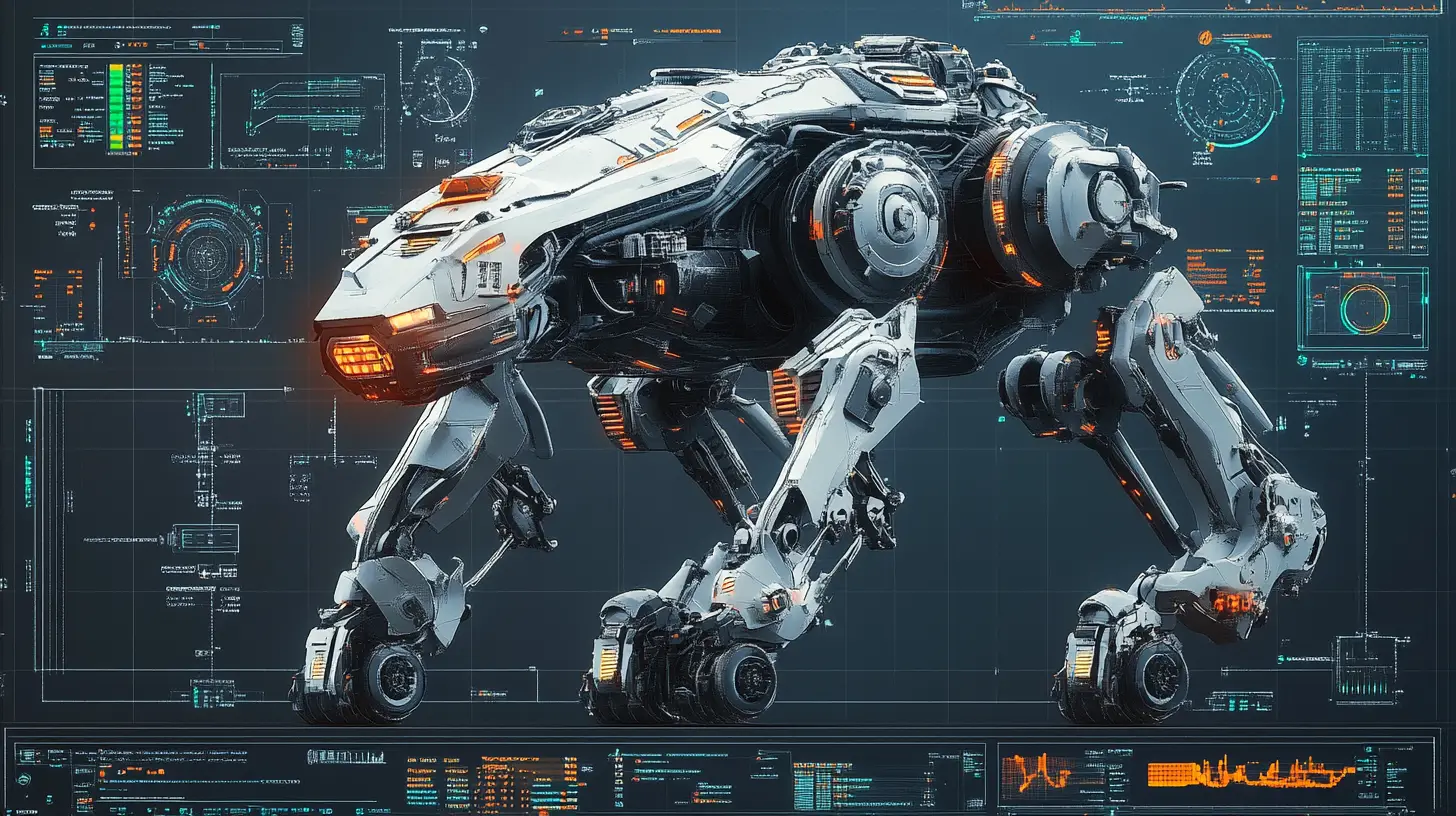 Futuristischer urbaner Kampfmech auf schweren Ketten als Technik-Cutaway