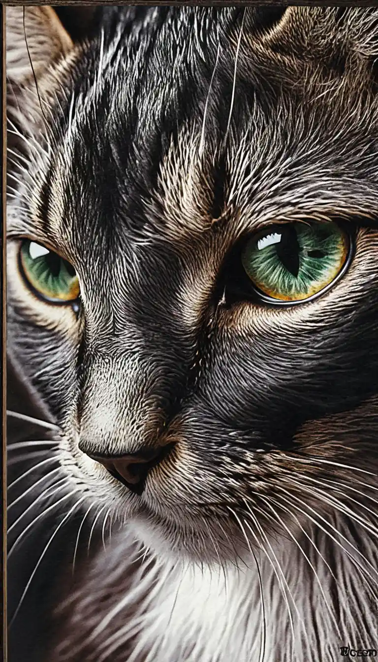 Extreme close up scratchboard portrait of a black cat