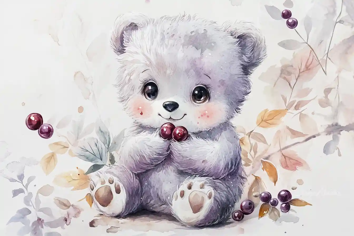Filhote de urso fofo em aquarela com frutas silvestres em cena de natureza suave
